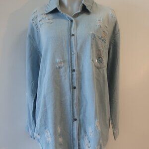 NWOT Womens Moving Forward Blue Denim Rhinestone Hamsa Hand Button Down Top M